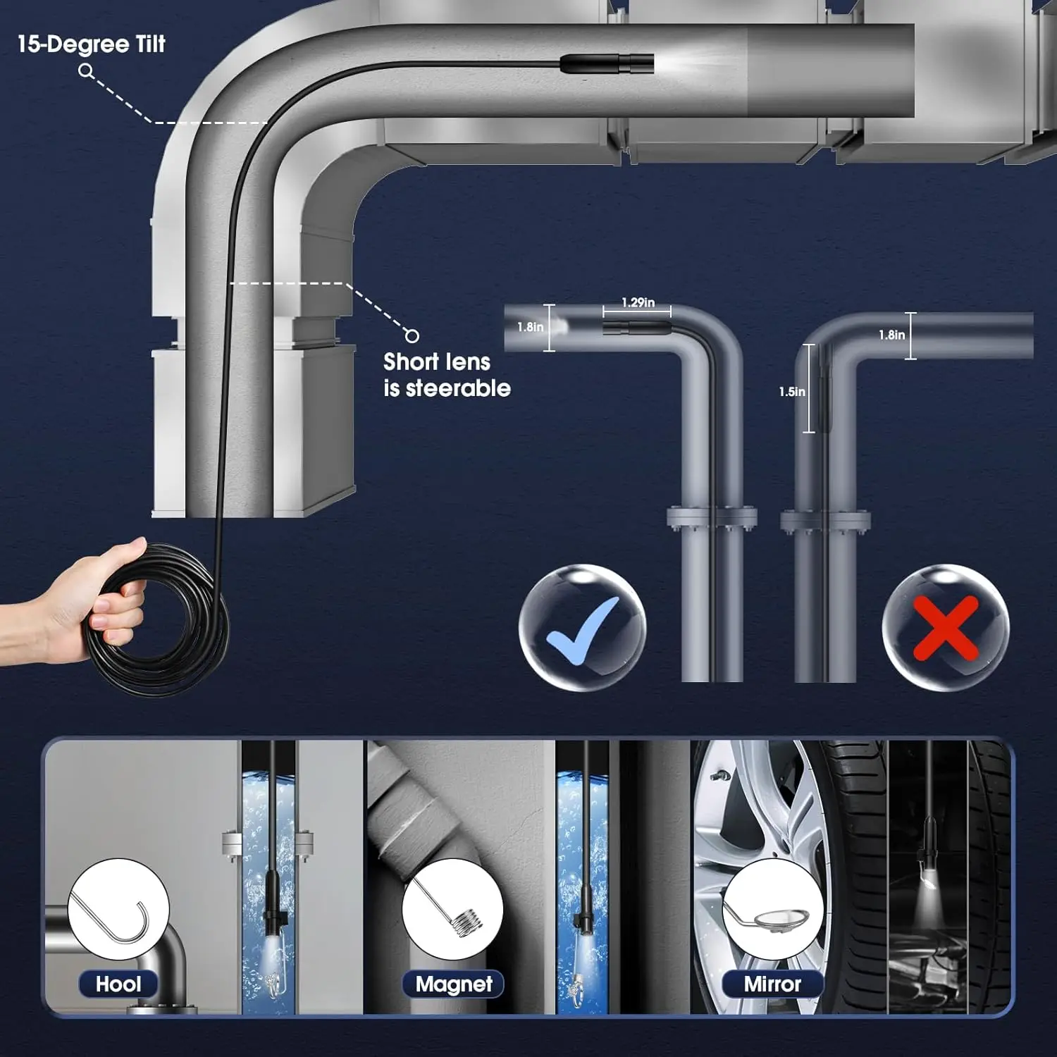 กล้อง Endoscopic อุตสาหกรรม 4.3 นิ้วหน้าจอ IPS 8 มม.HD1080P IP67 กันน้ํา 8 ไฟ LED ตรวจสอบ Borescope สําหรับท่อซ่อมรถยนต์