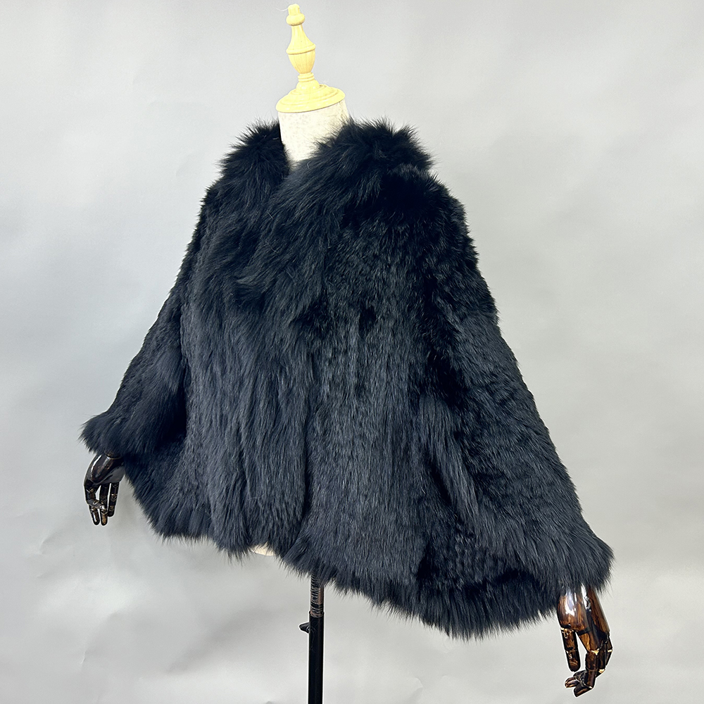 Nuevo Abrigo chal de piel de conejo de punto Natural auténtico con cuello de piel de zorro chaqueta de punto de moda para mujer
