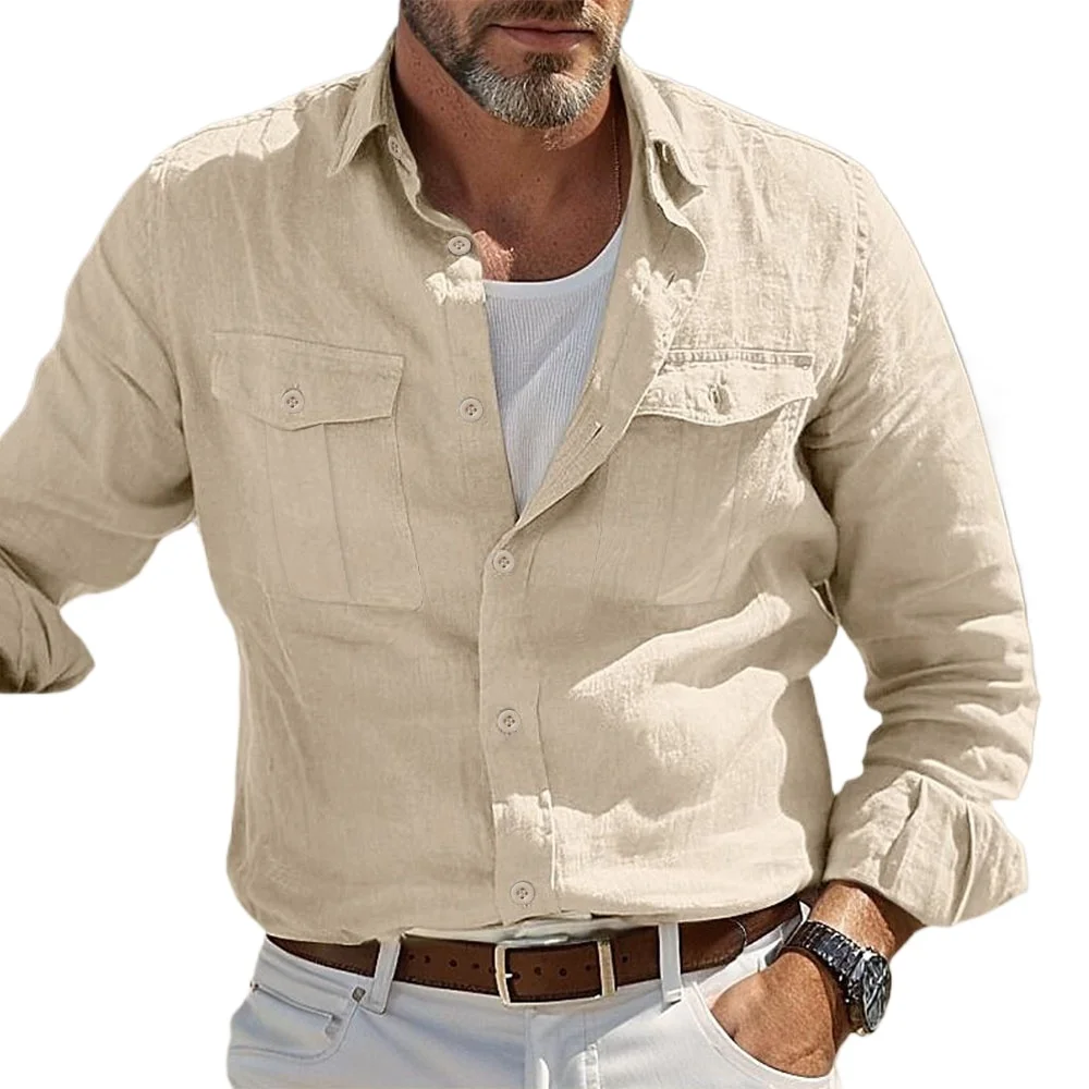 Lässige Herren-Hemden aus Baumwollleinen für Herren, hawaiianische Hemden, atmungsaktiv, einfarbig, Basic-Stil, Herrenbekleidung