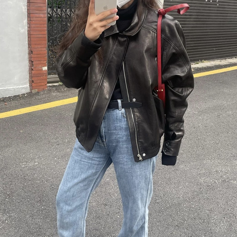 Ethos Slimming Black Biker Loose PU Short Leather Jacket Women's 2024 New Sle Commute Loose Fit Synthetic Leather Zipper