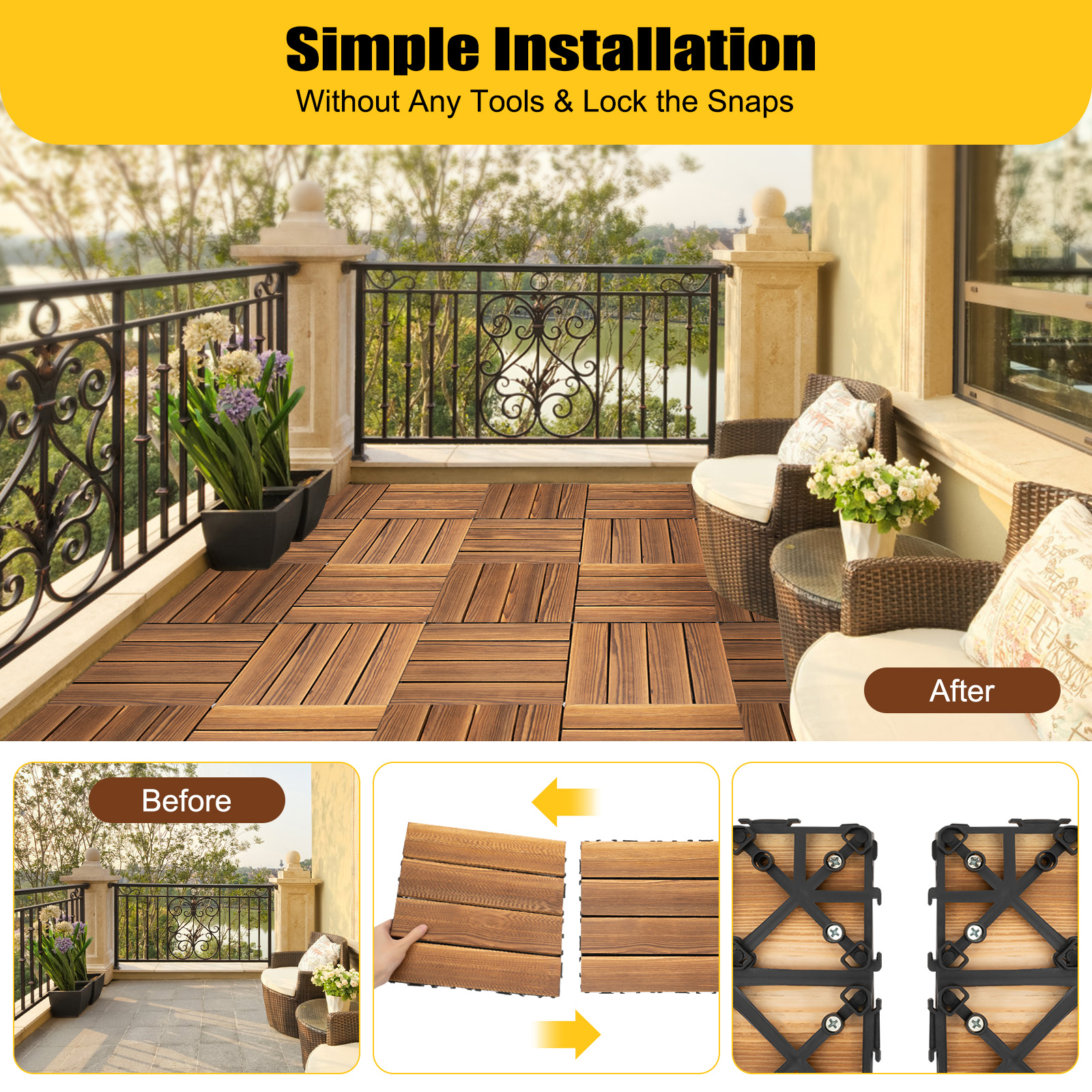 36Pcs Hardwood Interlocking Patio Deck Tiles Wood Interlocking Flooring Tiles 12" × 12" Interlocking Tiles Outdoor Waterproof