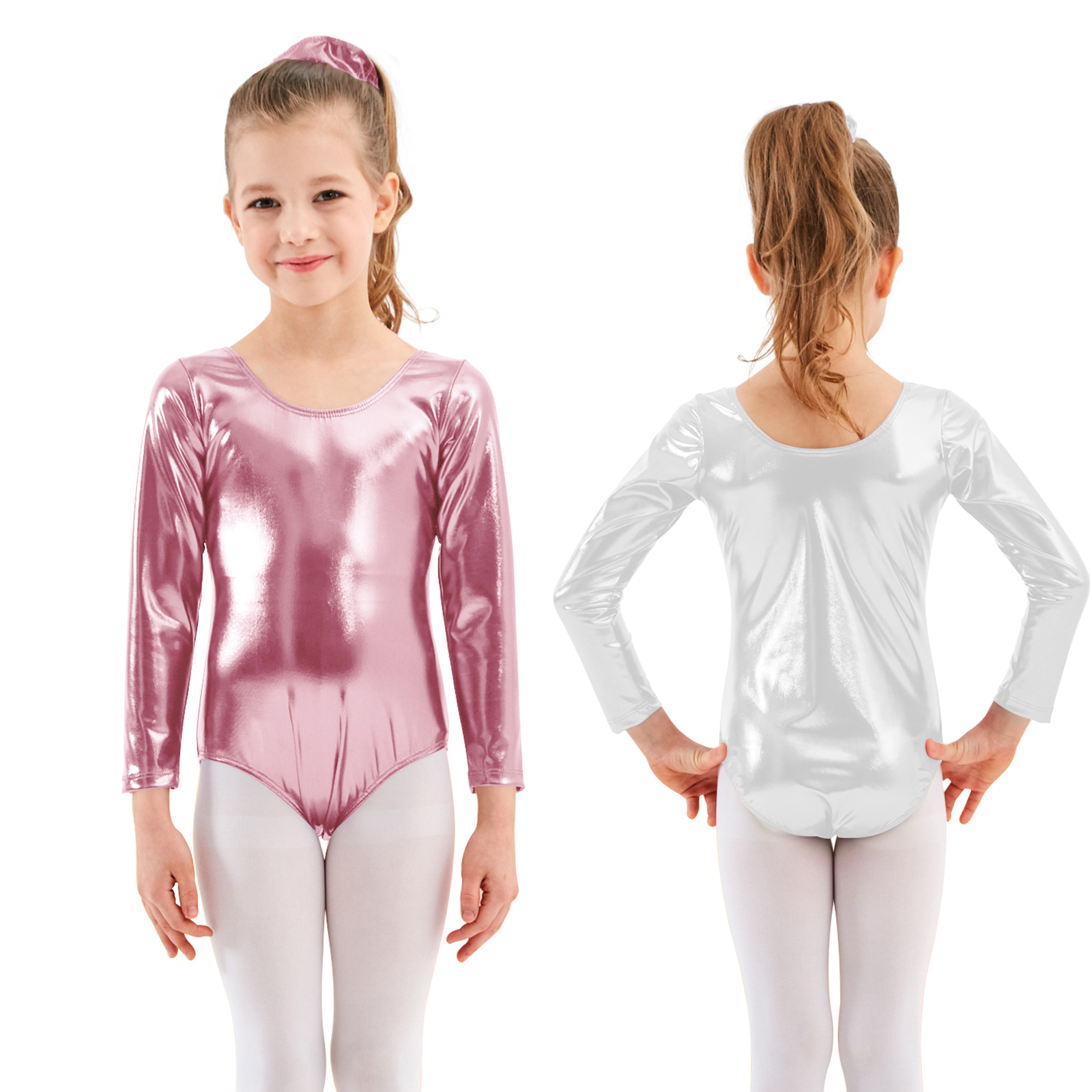 AOYLISEY バレエダンスシニーメタリックレオタード女の子体操ボディスーツ長袖ゴールドロンバースパンデックス衣装子供服