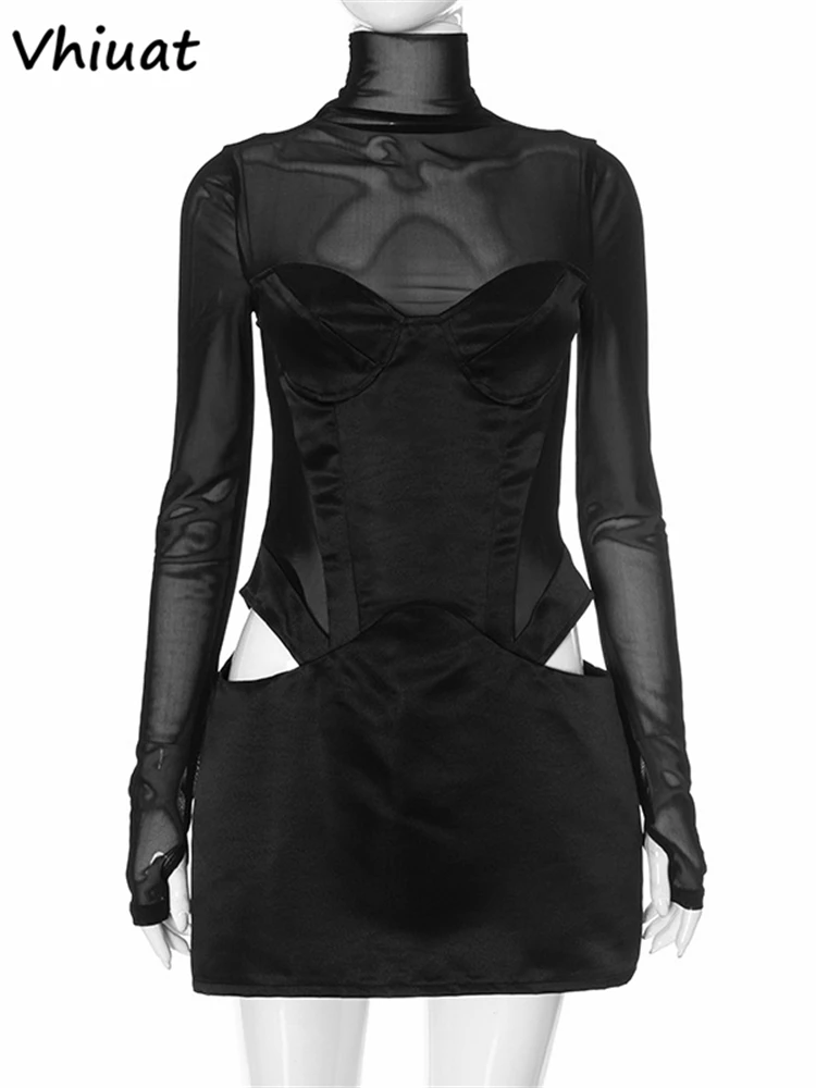 Vhiuat Sexy recortado malla Patchwork cuello alto manga larga abrigo Vestido corto 2024 fiesta noche elegante fiesta cumpleaños Mini vestido