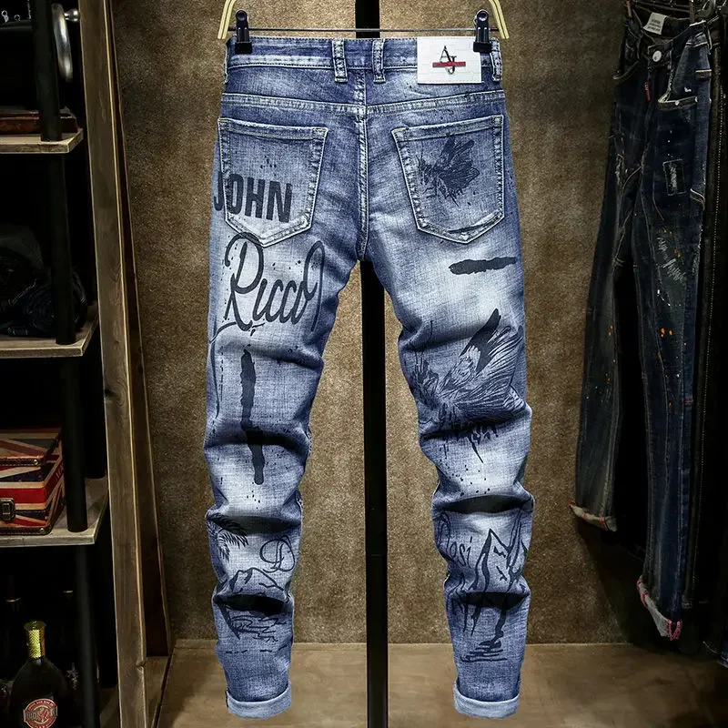 ฤดูใบไม้ผลิฤดูใบไม้ร่วง Cargos ผู้ชายเสื้อผ้าตรงสินค้าใหม่ Slim Casual Designer คาวบอยทำงาน Splice กางเกงยีนส์กางเกงกางเกง