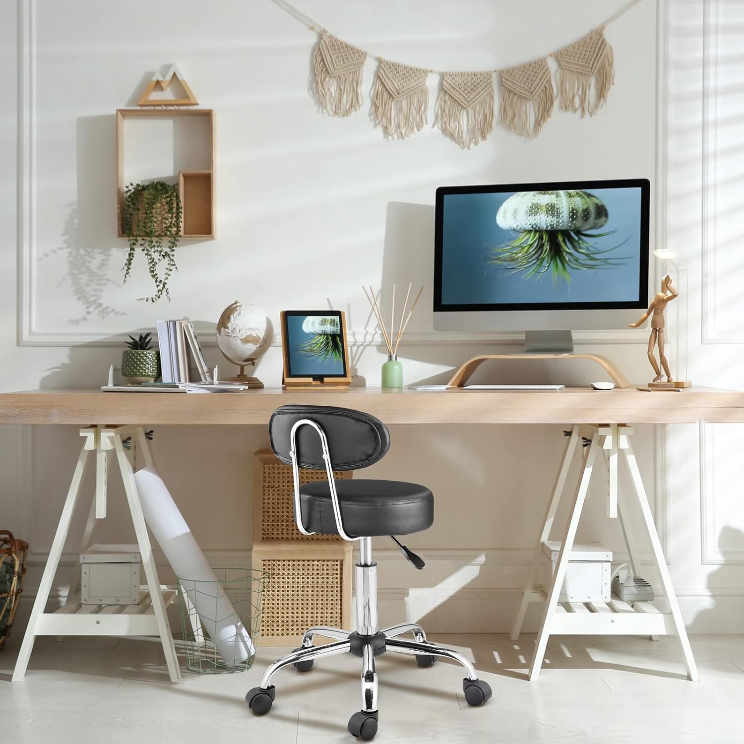 Taburete con Ruedas Respaldo Altura Ajustable 46-60cm 360o Asiento 10 cm Negro