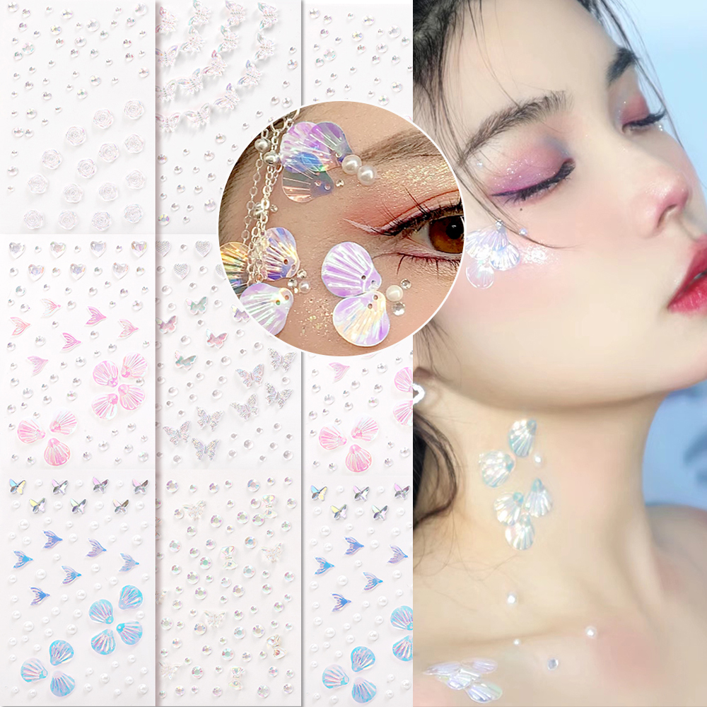 Красочные бабочки, хрустальные алмазные наклейки, банты, ракушки, жемчужины, наклейки для макияжа на лицо, водостойкие Украшения для тела «сделай сам»
