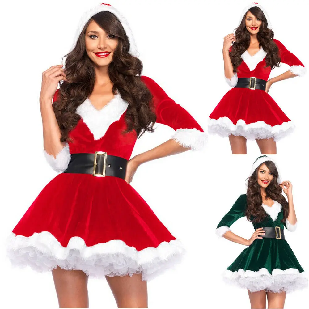 Disfraz de señora Claus para mujer, vestido navideño de Papá Noel, minivestido de terciopelo rojo con hombros descubiertos, traje de Cosplay