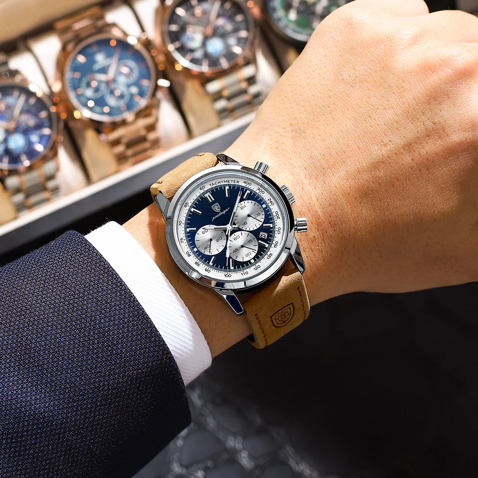 POEDAGAR กีฬาผู้ชายควอตซ์นาฬิกากันน้ํา Luminous Chronograph Man นาฬิกาแฟชั่นหรูหรานาฬิกาหนังสําหรับชาย Reloj Hombre