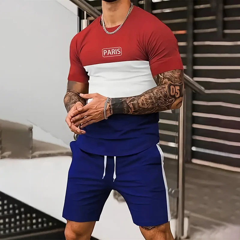 ชุดกีฬาแฟชั่นสำหรับผู้ชาย, ชุดลำลองสองชิ้นเสื้อยืดแขนสั้นและกางเกงขาสั้นแห้งเร็วสำหรับฤดูร้อน2024