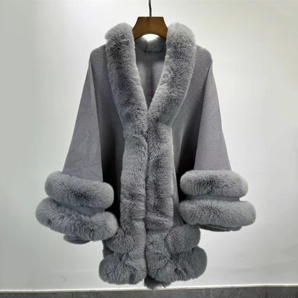 2024 mujeres 2 círculo envuelve larga capa de piel de conejo de imitación Poncho invierno suelto grueso cálido chal prendas de vestir exteriores capa de punto abrigo