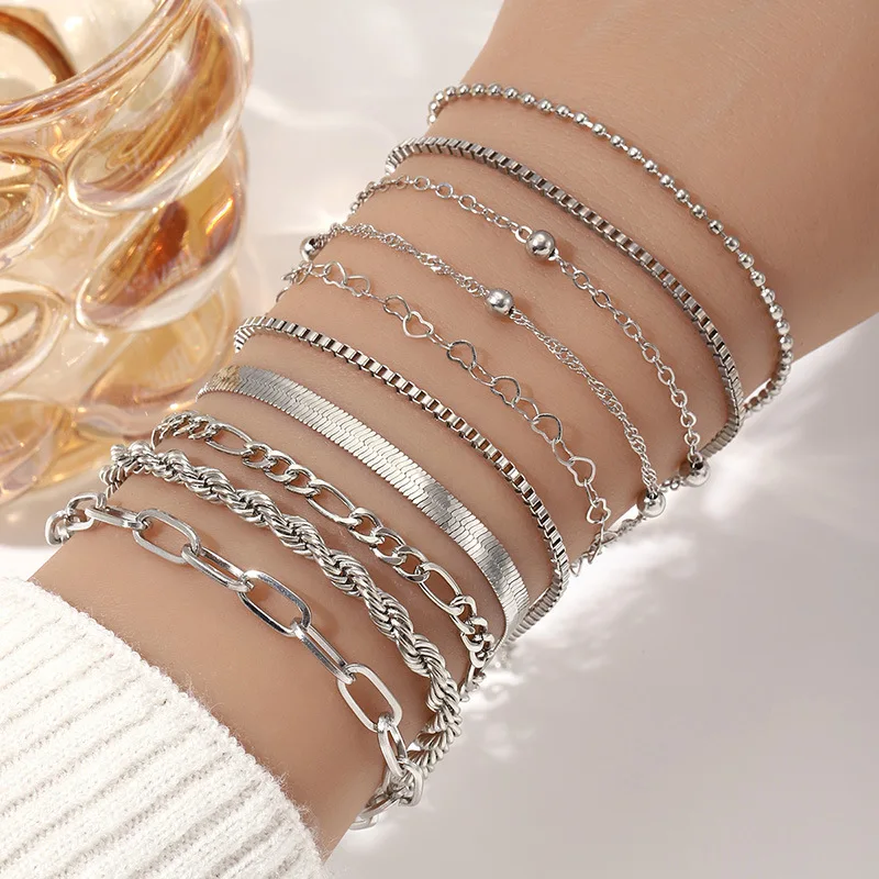 10 Uds. Pulsera de cadena de serpiente plana de Color dorado con declaración Vintage, pulsera de Metal multicapa bohemia, joyería de verano para mujer