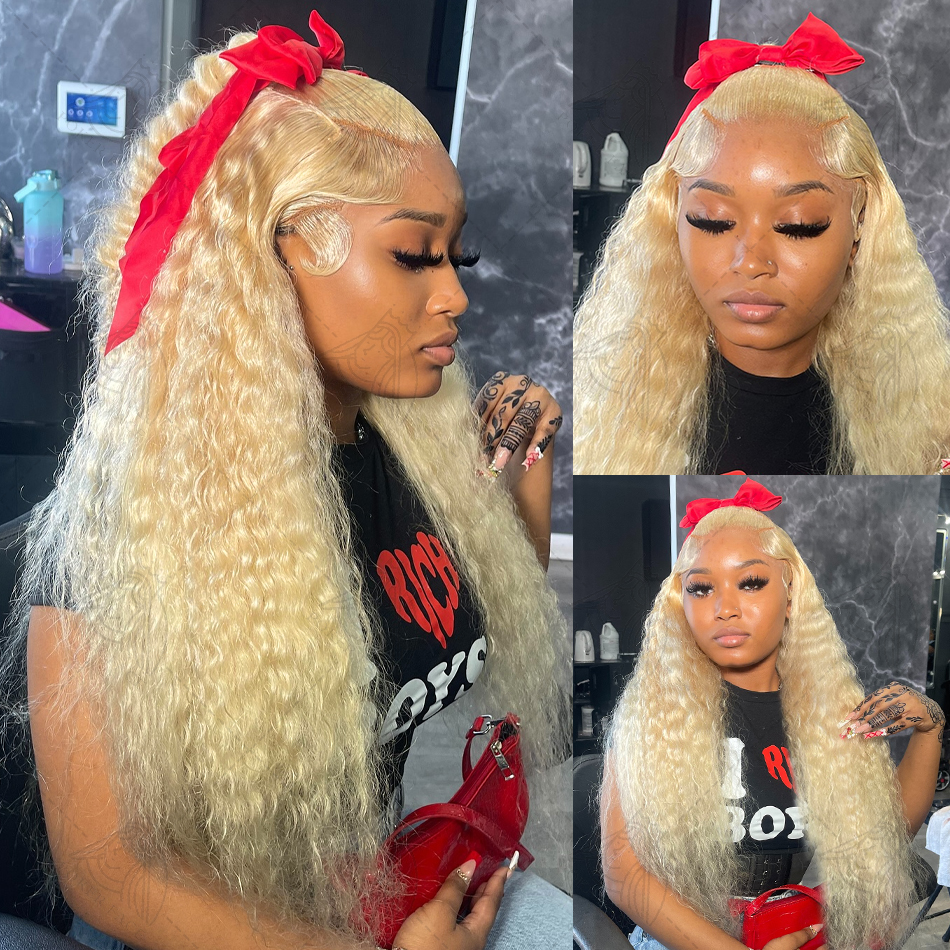 ブラジルのナチュラルヘアウィッグ,フロントレース,カーリー,ディープウェーブ,カラー,ハニーブロンド,13x4,13x6, 613