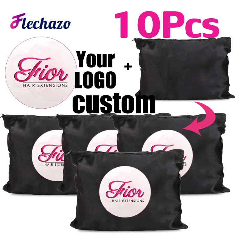 Bolsas para el cabello con cremallera para mechones, bolsas para peluca de satén de 25x35Cm, bolsa de embalaje para el cabello de seda satinada de gran tamaño, logotipo personalizado, 10 Uds.