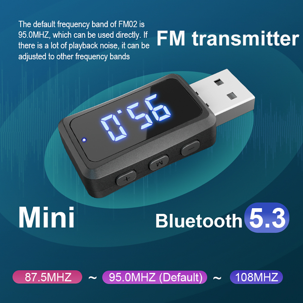 Carro bluetooth 5.3 fm02 mini receptor transmissor usb com display led kit de chamada handsfree carro áudio sem fio automático para rádio fm