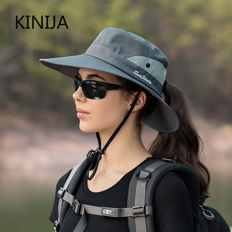 Sombrero de pescador con cola de caballo para mujer, gorra impermeable para el sol, Color puro, para viajes al aire libre, pesca, escalada, senderismo, sombrero de cubo de ala grande undefin