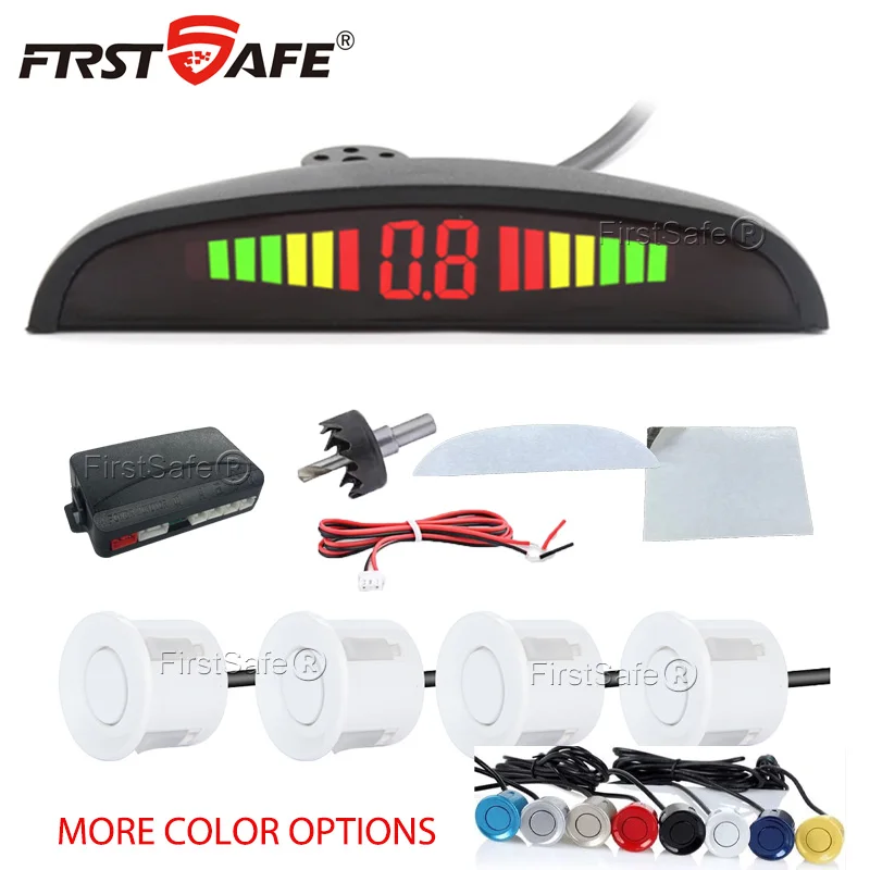 FirstSafe Factory Автомобильный светодиодный датчик парковки, 4 датчика, 22 мм, подсветка дисплея, комплект обратного радара, система монитора 12 В, 13 цветов