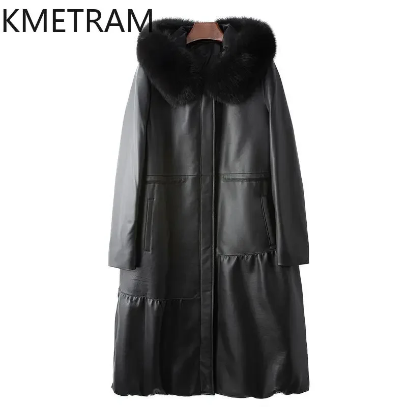 Veste matelassurera en duvet d'oie blanche pour femme, 100% peau de mouton, vestes longues en cuir, col en fourrure de renard, vêtements d'hiver d'extérieur, nouveau, 2024