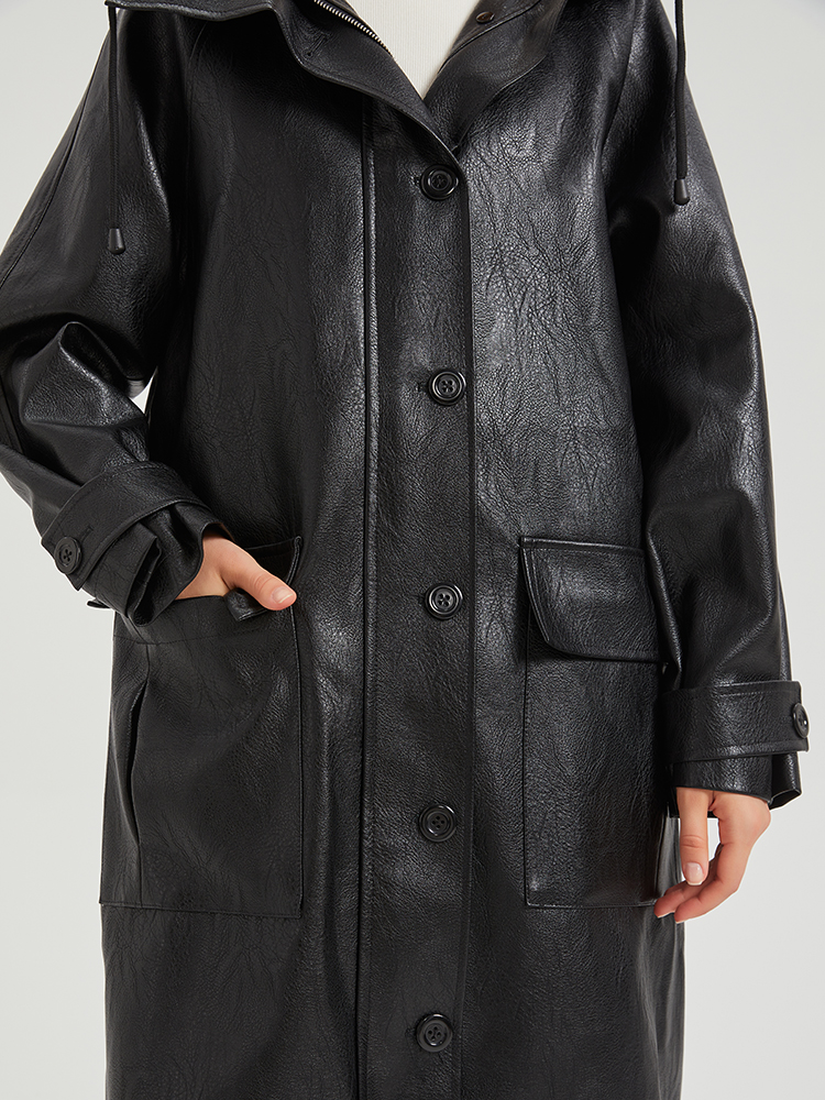 Lautaro-Manteau long en cuir PU imperméable pour femme, coupe-vent avec capuche, fermeture éclair, noir, décontracté, printemps, automne, 2024