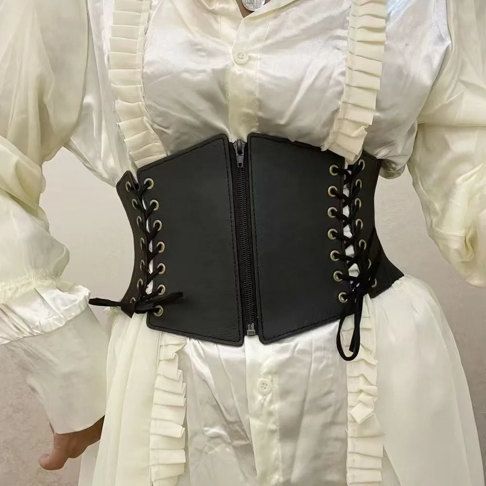 Lace Up Front Corset Belt Halloween Waist Trainer Accessories For Ladies Western Cowgirl Country Wear Vintage Black Belt