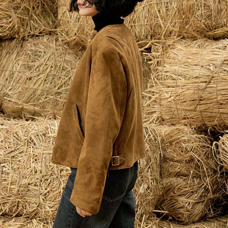 Veste en daim en cuir véritable pour femme, manteau en peau de mouton décontracté, col rond, manches longues, simple boutonnage, mode vintage, printemps et automne