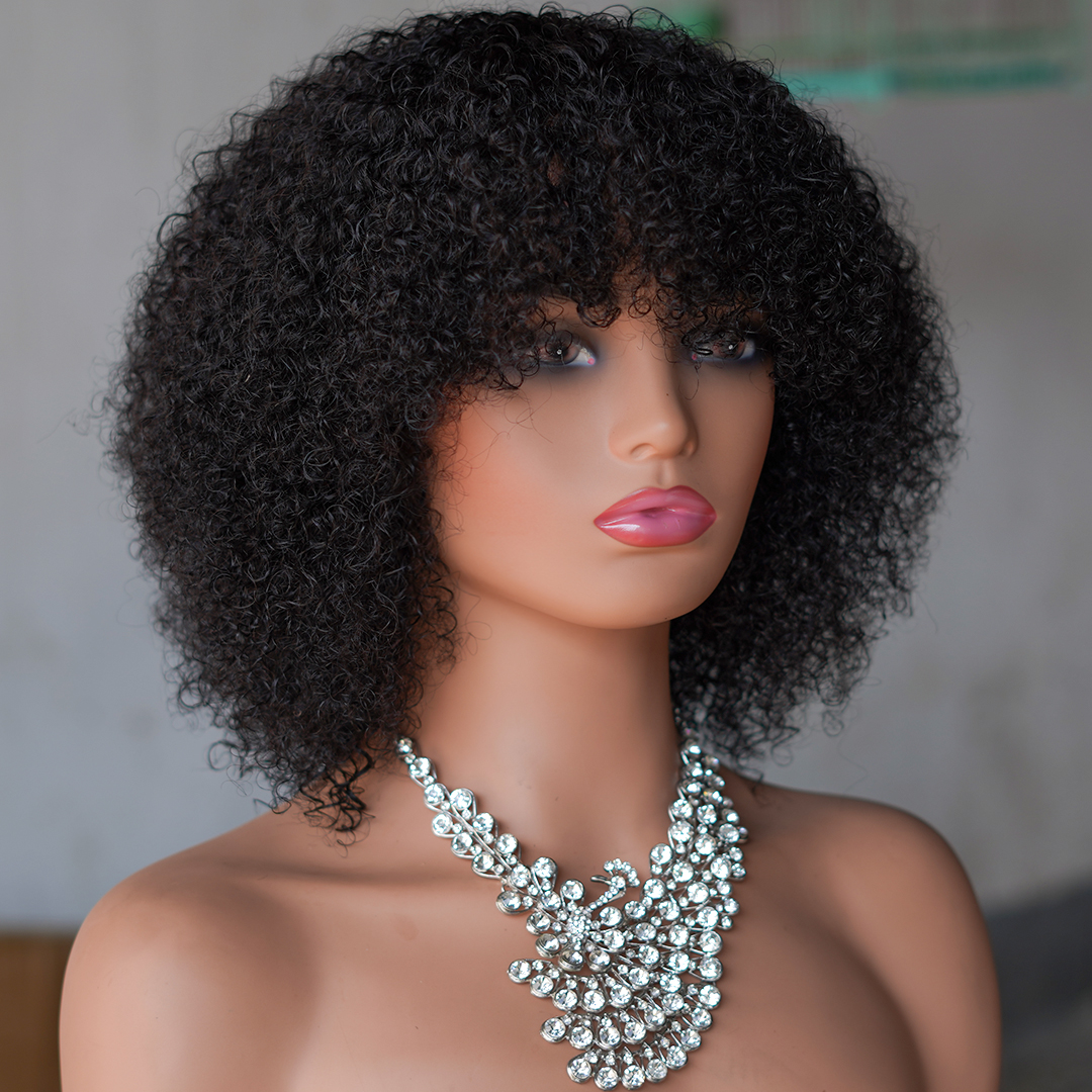 12 Inch Afro Kinky Curly Bob Wig, With Bangs Curly Pixie CutGlueless Wigs Machine Made Brazilian Human Hair Wigs, For Black Wome