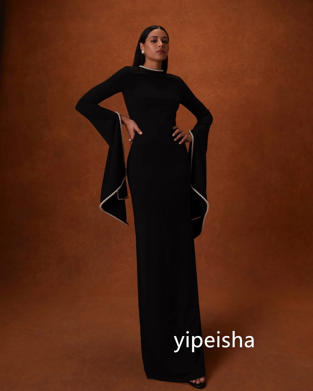 Customized Chinese Style Jersey Pearl A-line Scoop Neck Long Dresses Prom Dresses Classic Exquisite Modern Style Pastrol Unisex 