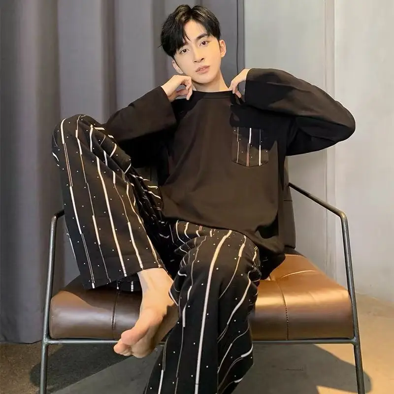 Conjunto de pijama masculino manga longa preto listrado primavera e verão juventude estudante pijamas loungewear duas peças conjunto pijamas homewear