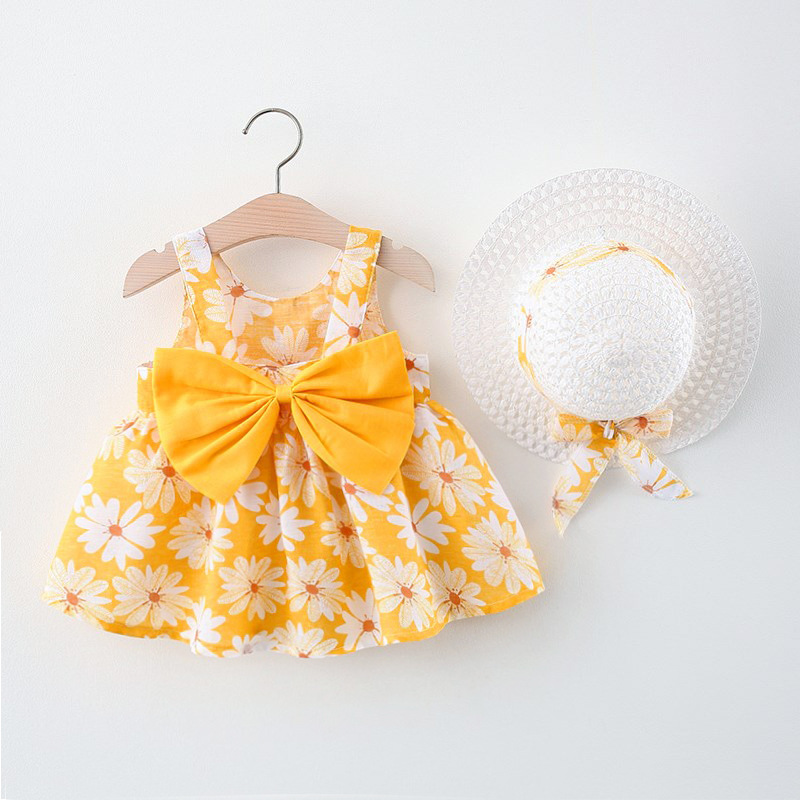 Sommer Neue Mädchen Mode Kleid Kleine Chrysantheme Hängen Strap Großen Bogen Prinzessin Kleid Party Kleid 0-3 Jahre alt
