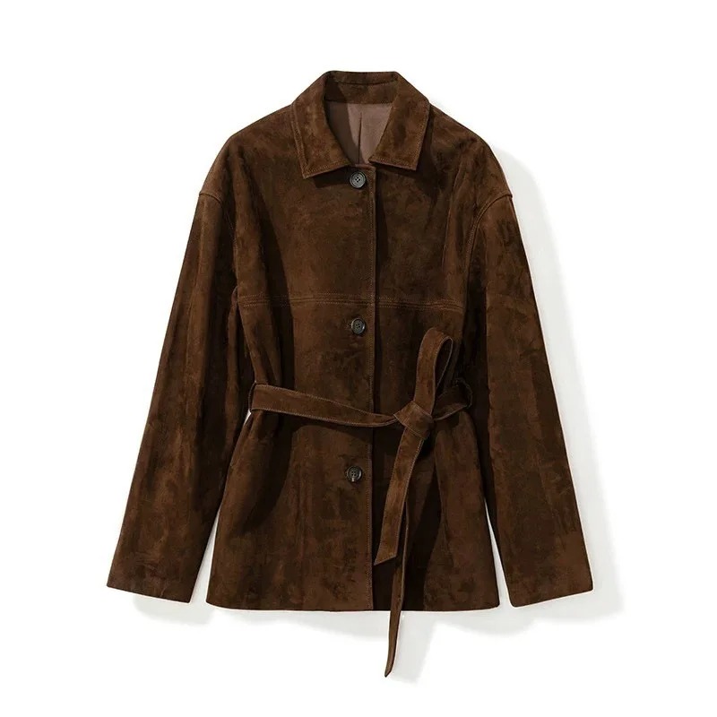 Veste rétro haut de gamme en daim pour femme, manteau Long à simple boutonnage, col carré Auburn, avec ceinture, vêtements d'extérieur pour femmes