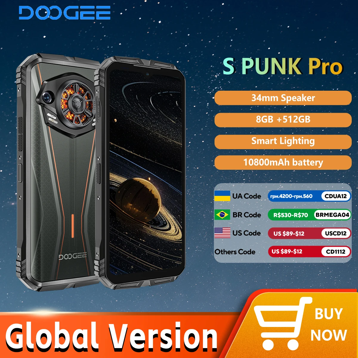 【Marca +】Versão global DOOGEE S Punk Pro Telefone robusto com efeito de luz LED 8 GB RAM 512 GB ROM 6,6 "FHD + 90 Hz 10800mAh Bateria NFC