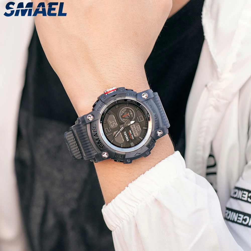 SMAEL 8007 Reloj electrónico brillante resistente al agua con pantalla dual para exteriores para hombre Reloj transparente para exteriores