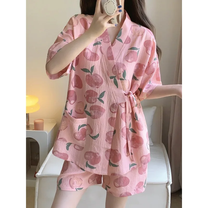 Damen-Nachtwäsche, Loungewear, Kimono-Pyjama, Studenten, kurze Ärmel, Shorts, Pfirsich-Druck, Oberteile und Hosen, Set, Nachtwäsche, bequem