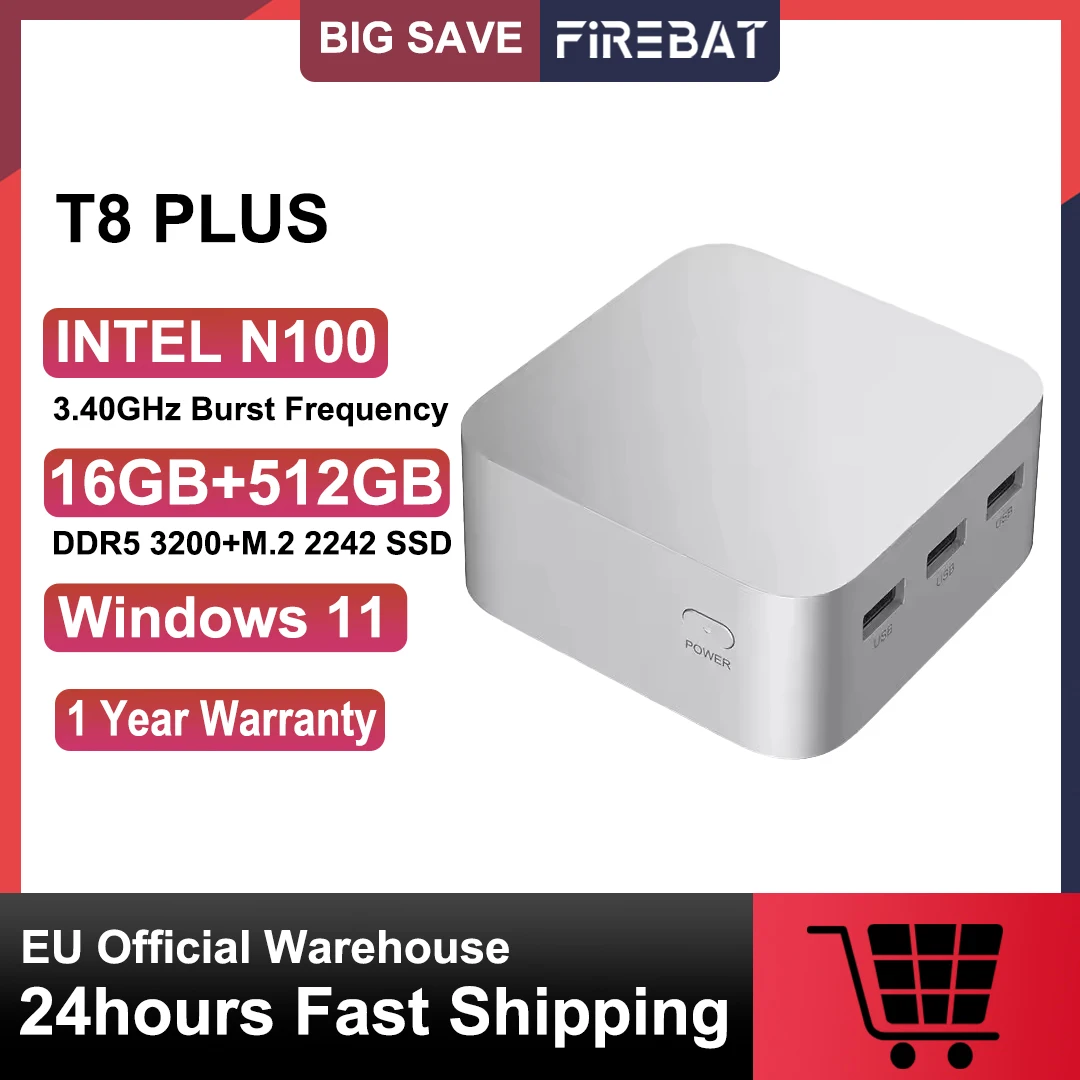 Firebat t8 plus mini pc intel n100 cpu windows 11 gaming ddr4 8gb ram 256gb ssd nvme m2 wifi5 bt 4,2 schreibtisch mini computer
