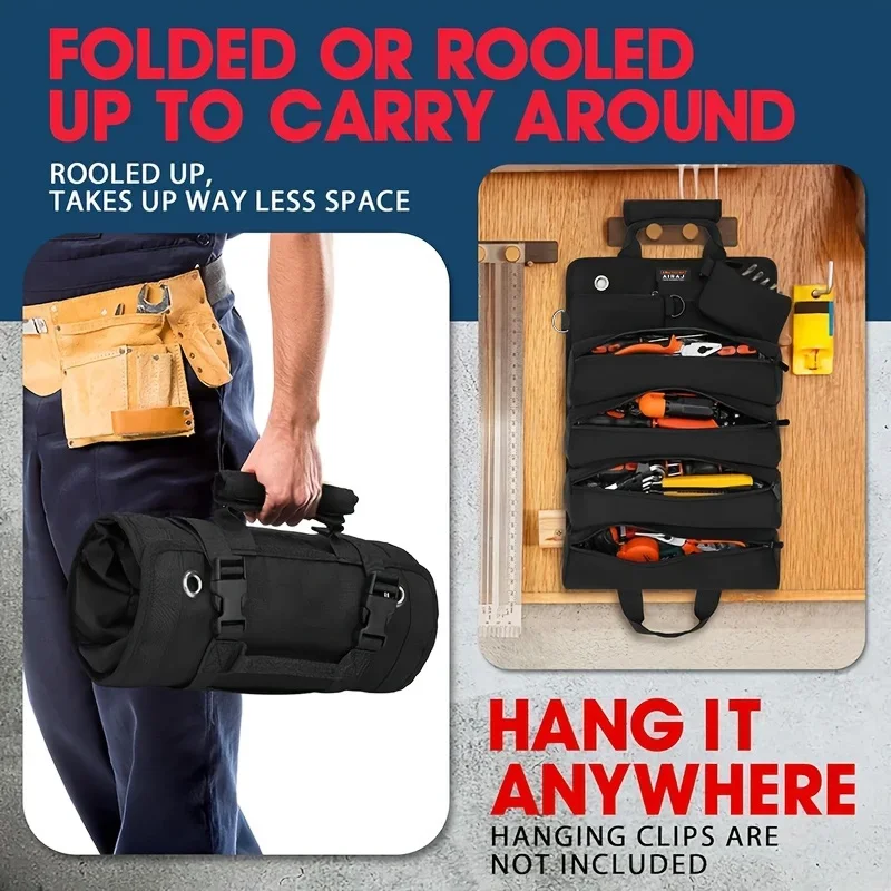 AIRAJ 18 inch Roll-Up Tool Bag - Oxford Fabric Multi-Tool Organizer ，4 fixed large pockets and 2 detachable small pockets