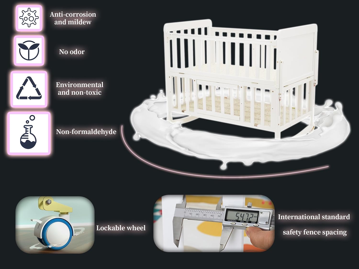 Nueva mejor venta, cuna de bebé de madera 6 en 1, altura ajustable, cuna de madera maciza con colchón de palma y juego de cama