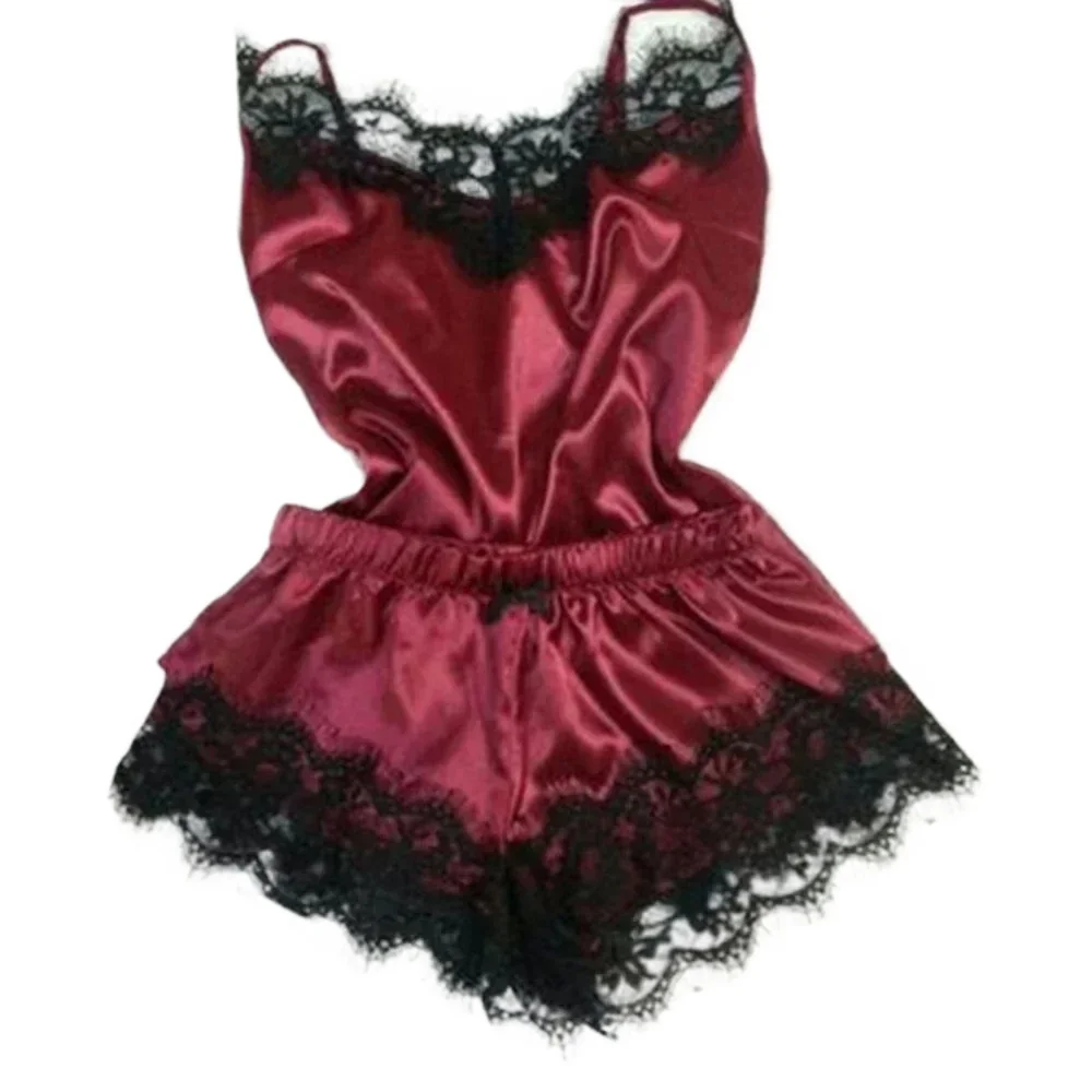 Conjunto de pijama de seda de encaje de verano para mujer, ropa de dormir, lencería Sexy, conjunto de Top y pantalones cortos, Pijamas informales cómodos
