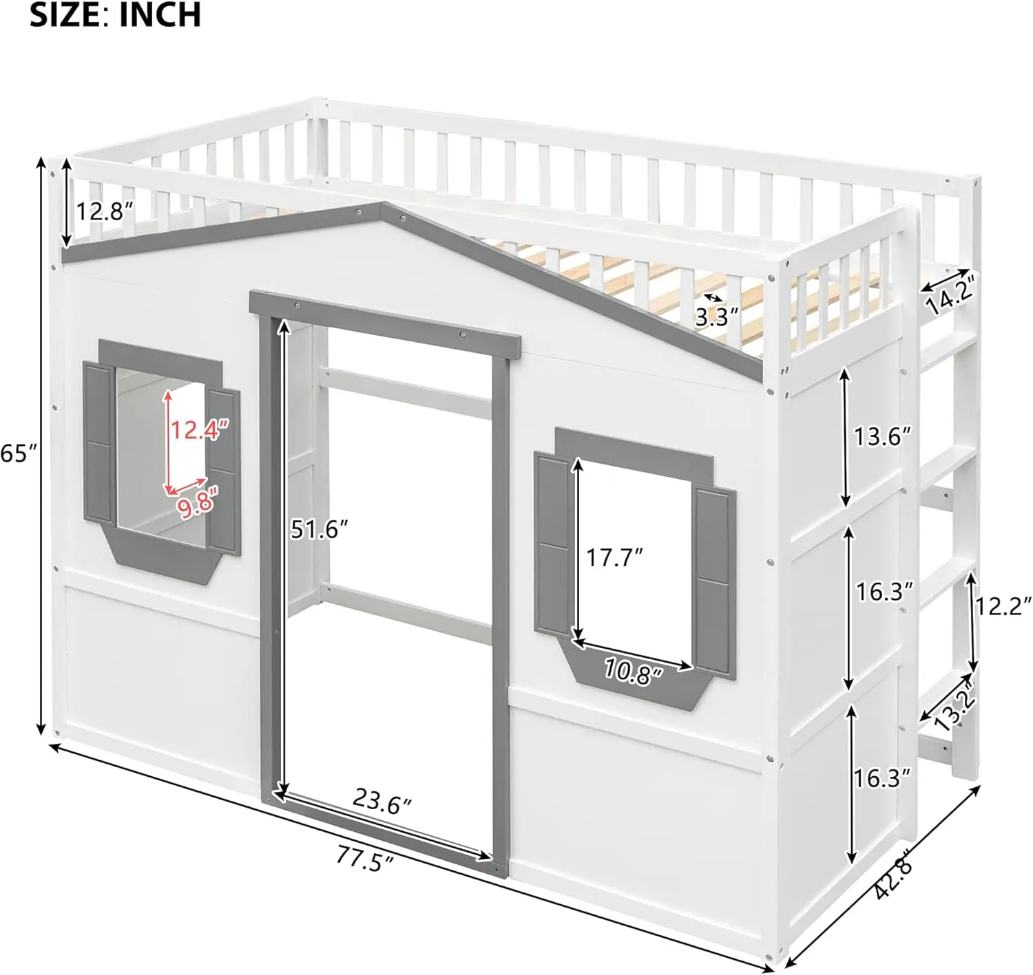Kids Full Size Loft Bed Playhouse Design Window Ladder White Gray Solid Wood Frame Safety Space Saving Easy Assembly(Item Weight