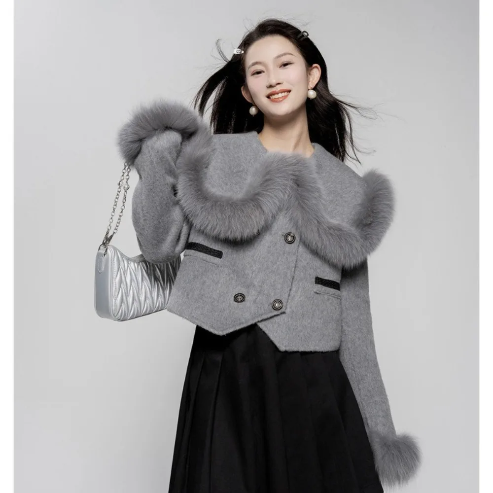 2024 neue Herbst Winter Echt fuchs Fell Woll jacke Frauen Seemann Kragen Zweireiher Pelz Ärmel Woll mantel weibliche Mode süß