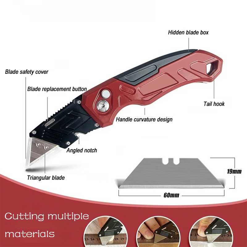 Folding Utility Knife Box Cutter 3-Position Blades Blade Storage Design With Extra 3 Blades Box Knife For Cartons Hand Tools