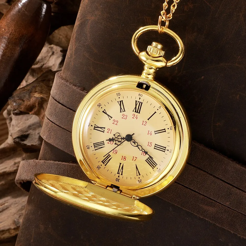 Antiguo reloj de bolsillo de cuarzo con números romanos vintage Steampunk, caja de oro, colgante, cadena de reloj para hombre y mujer