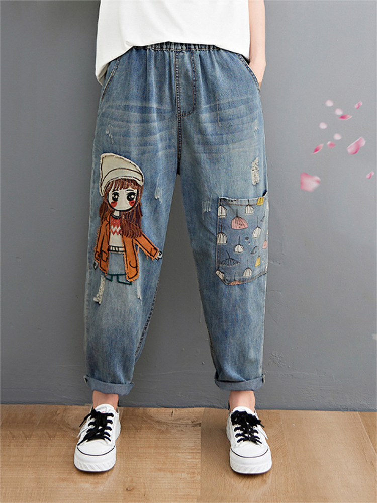 6537 漫画リッターガール刺繍デニムパンツ女性のためのトレンディな穴カジュアルハイウエストズボンポケットママハーレムブルージーンズ