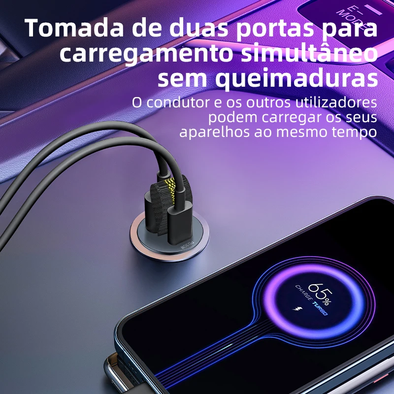 200W Mini USB Carregador de carro Super Fast Charging Type-C PD Quick Charge Car Phone Charger Adapter para iPhone 15 Huawei Samsung