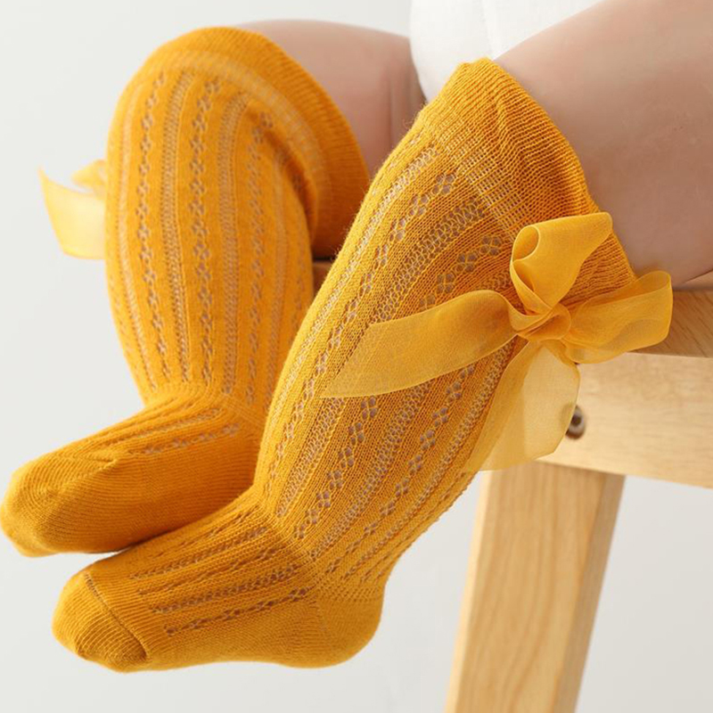 Детские гольфы, длинные носки для малышей, гольфы с рюшами и бантом для девочек, сетчатые чулки-трубы с бантом, модельные носки для младенцев