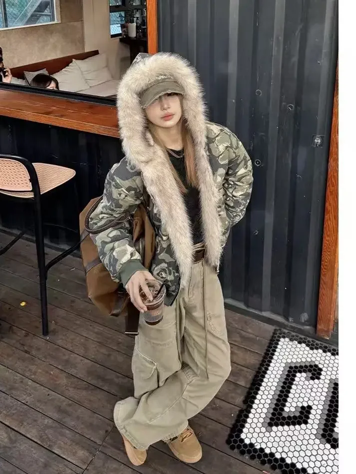 アメリカンヴィンテージ迷彩ぬいぐるみ帽子ジャケット Y2K ハイストリートヒップホップ原宿ルース女性メイク古いパーカーファッションストリート