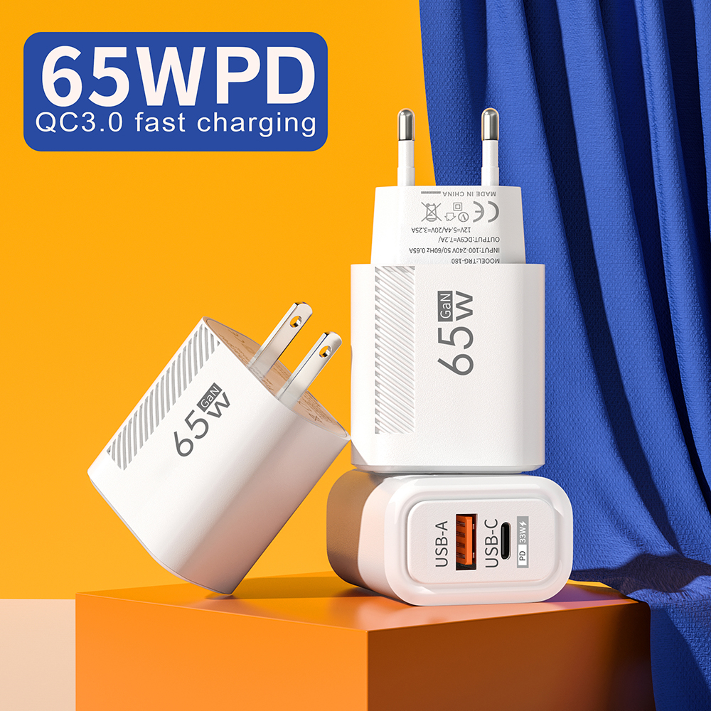 65W GaN USB Charger PD QC3.0 EU/US Plug Wall Charger Adapter For iPhone Samsung Xiaomi Phone Type C Fast Charging Power Adapter