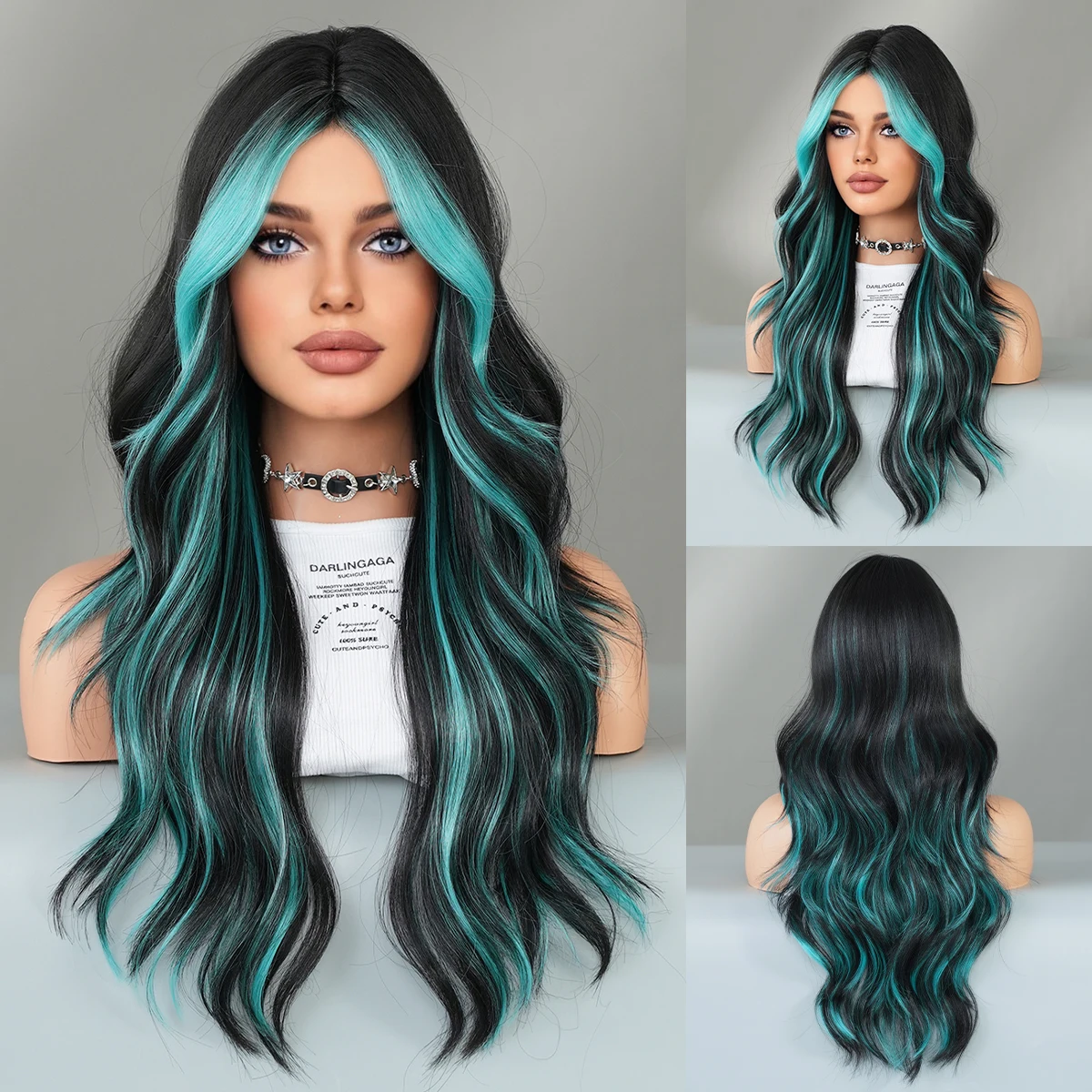 PARK YUN Layered Wig Synthetic Light Blue Wig For Women Cosplay Highlight dyeing Light Blue Wavy Wigs with Fluffy Bangs