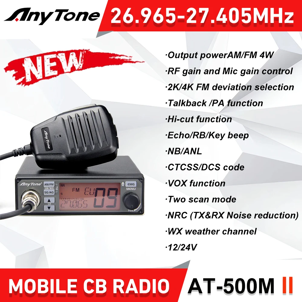 2024 neue anytone AT-500M ii mobile cb radio 5w 26,965-27,405 mhz am/fm radio vox/nrc/ctcss/dcs autoradio