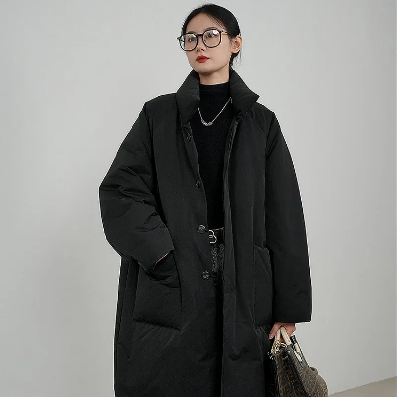 Jaqueta acolchoada de peito único feminina, Parkas longas, casacos à prova de vento, quente, grossa, acolchoada de algodão, casaco frio, roupa de inverno