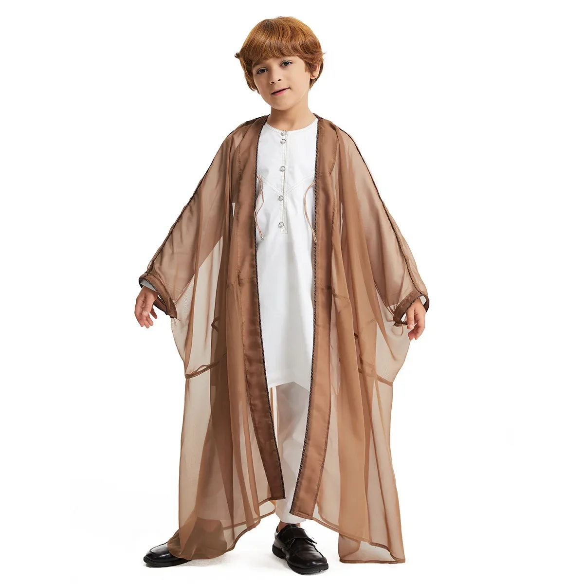 Muslimischer Junge Kinder offener Kimono Abaya Dubai Türkei Kaftan Islam Jubba Thobe Saudi-Arabien Djellaba Dishdasha Kleid Thawb Naher Osten