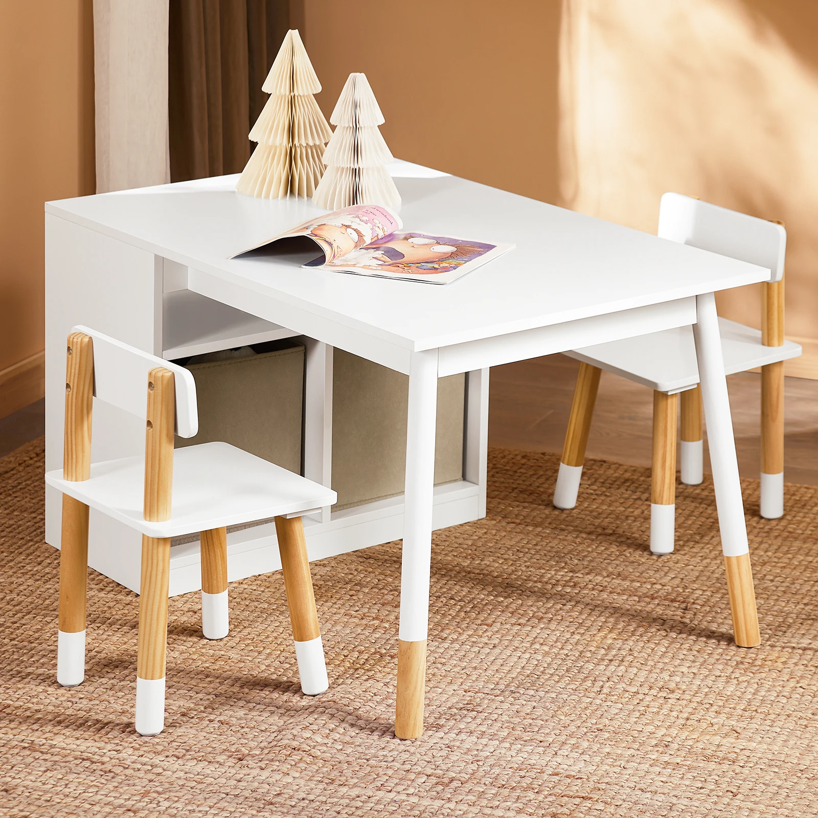 SoBuy KMB113-W Mesa infantil com 2 cadeiras Grupo de assentos infantis com armazenamento Playtable Mesa de atividades multifuncional para crianças